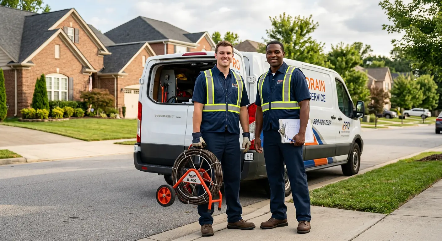 Sewer and drain service team with equipment ready for work in De Soto