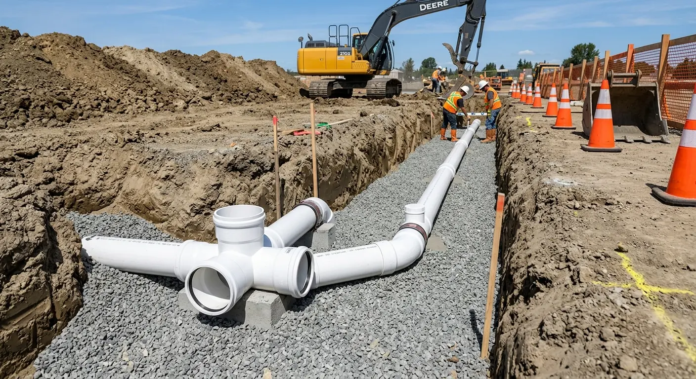New PVC sewer pipe installation in open trench for Grease Trap Cleaning in De Soto