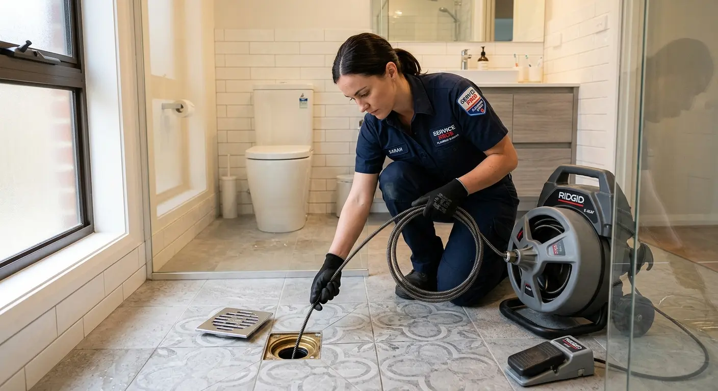 Technician clearing a bathroom floor drain for Sewer Line Replacement in De Soto